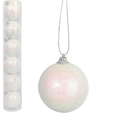 Zestaw 6 Nawiszących Białych Plastikowych Bombek Świątecznych 6cm