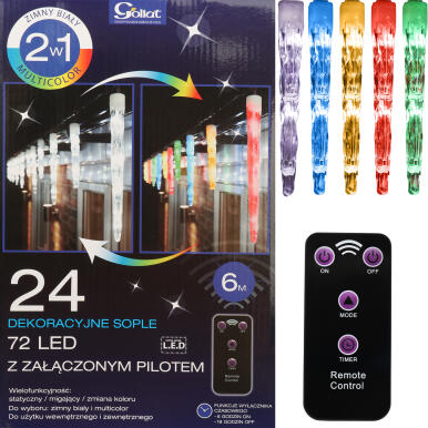 Świetlne Sople Dekoracyjne z Pilotem, 24 szt, Zmiana Kolorów (2 w 1), Zasilanie Sieciowe, Wielofunkcyjne, Zegar Czasowy, Do Użytku Wewnętrznego i Zewnętrznego