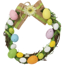 Wielkanocny wianek dekoracyjny z kolorowymi jajkami i haczykiem do zawieszenia