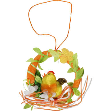 Pomarańczowa Zawieszka Wielkanocna Wianek z Kurczakiem i Filcowymi Ozdobami