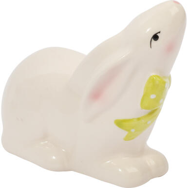 Zajączek ceramiczny w kolorze białym z zieloną kokardką