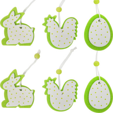 Zestaw 6 Wiosennych Drewniano-Filcowych Zawieszek: Jajka, Zające, Kury