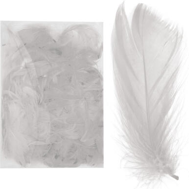 Wyselekcjonowane białe piórka do dekoracji w boksie PVC