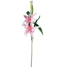 Dekoracyjna gałązka lilii z dwoma kwiatami i pąkiem, kolor jasno różowy, 74 cm