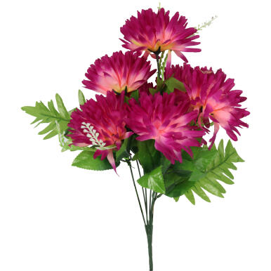 Sztuczny Bukiet R&oacute;żowych Chryzantem z Liśćmi Paproci - Dekoracja na Wszystkich Świętych, Wysokość 56 cm