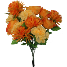 Sztuczny Bukiet Kwiatów Wszystkich Świętych - Róża, Goździk, Chryzantema w Kolorze Pomarańczowym, 12 Sztuk, Wysokość 58 cm