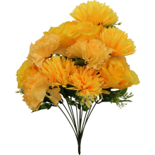Bukiet 12 Sztucznych Kwiatów Mix: Róża, Goździk, Chryzantema w Kolorze Żółtym - Dekoracja na Wszystkich Świętych
