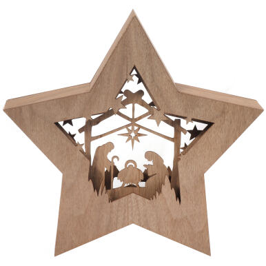 DEKORACJA ŚWIETLNA 10 LED DREWNIANA GWIAZDA Z SZOPKĄ 28 CM