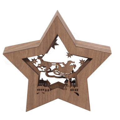 Drewniana Świąteczna Gwiazda LED z Motywem Mikołaja na Saniach, 28 cm, Zasilanie Bateryjne