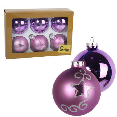 Komplet 6 Szklanych Bombek Świątecznych - Fioletowy Połysk i Mat z Srebrnym Brokatem, 8cm