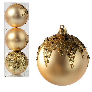 Kpl. 3 bombek plastikowych 8cm złote z cekinami