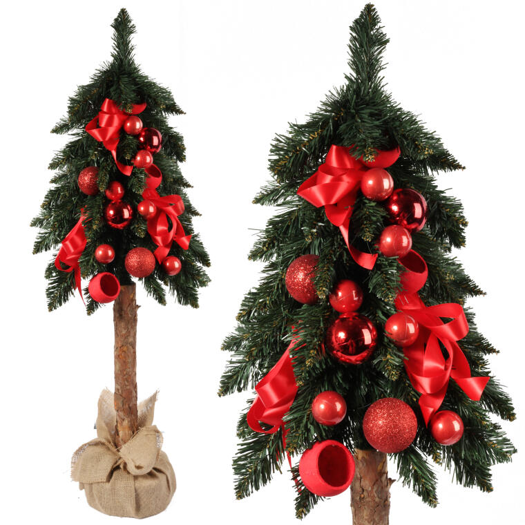 Choinka na pniu naturalnym z dekoracją 120 cm czerwona