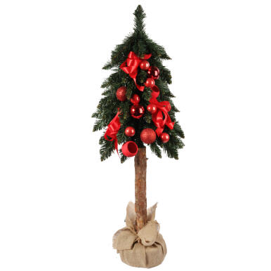 Choinka na pniu naturalnym z dekoracją 120 cm czerwona