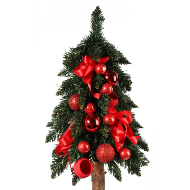Choinka na pniu naturalnym z dekoracją 120 cm czerwona