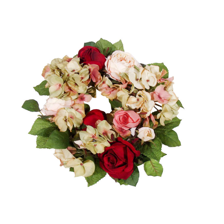 Wianek z hortensji i róż w kolorze bordowo-różowym 20 cm