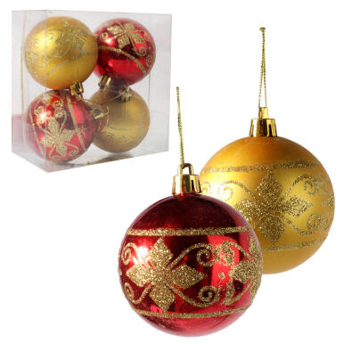 Komplet 4 Dekorowanych Bombek Świątecznych w Kolorach Złota i Czerwieni