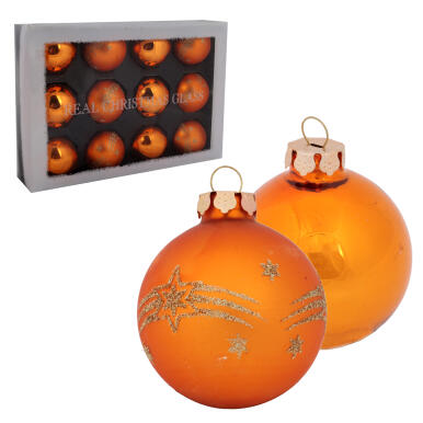 Komplet 12 bombek szklanych mix w kolorze pomarańczowym dekorowanych