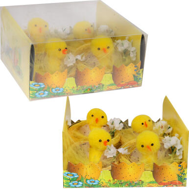 Zestaw Wielkanocnych Kurczaczków w Skorupkach z Kwiatkami i Siankiem - 4 Sztuki