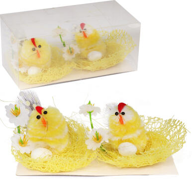 Zestaw Wielkanocnych Dekoracji: Żółte Kurki w Gniazdach z Jajkiem i Kwiatkami - 2 Sztuki, 6cm