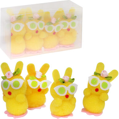 Zestaw Zajączków w Okularach z Kwiatkami 4 Sztuki 6cm Wielkanocne Ozdoby Żółte