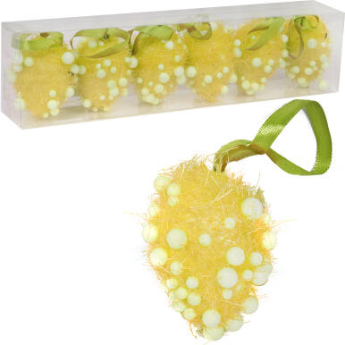 Żółte Dekoracyjne Jajka Wielkanocne ze Sizalem i Białymi Kuleczkami - Komplet 6 Sztuk