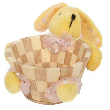 Ż&oacute;łty, Drewniany Koszyk Wielkanocny z Figurką Zająca 13cm