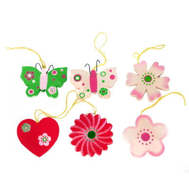 KWIATKI I MOTYLKI ZAWIESZKI DREWNIANE 6SZT WIELKANOC WIOSNA 