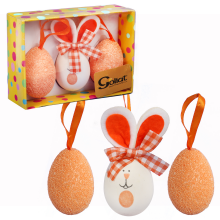 Komplet 3 Dekoracyjnych Jajek Wielkanocnych na Zawieszce, 10cm, Kolor Pomarańczowy