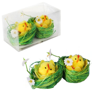Zestaw Dekoracyjny Wielkanocne Pisanki - 2 Miękkie Kurczaczki w Sizalowych Gniazdach 6cm