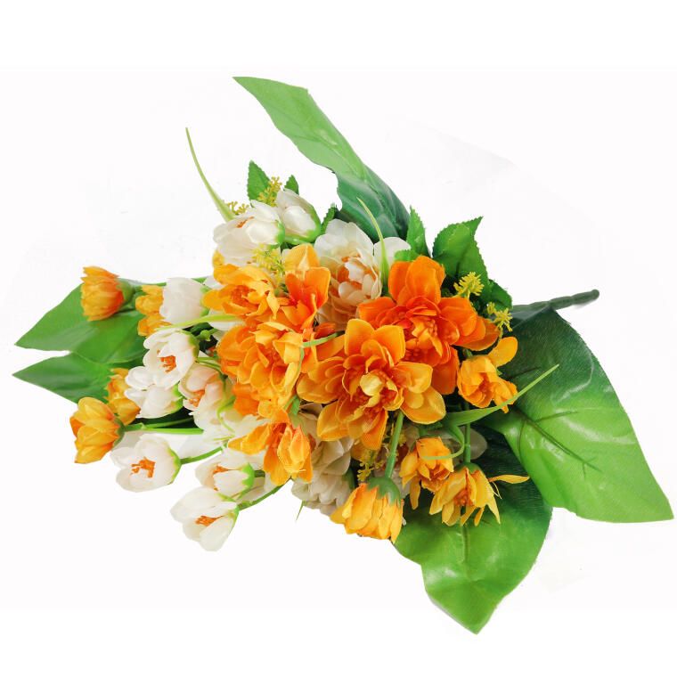 BUKIET 12 DROBNYCH DALII Z DUŻYMI LIŚĆMI 42 CM POMARAŃCZOWO BIAŁY