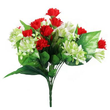 BUKIET 12 DROBNYCH DALII Z DUŻYMI LIŚĆMI 42 CM CZERWONO ZIELONY