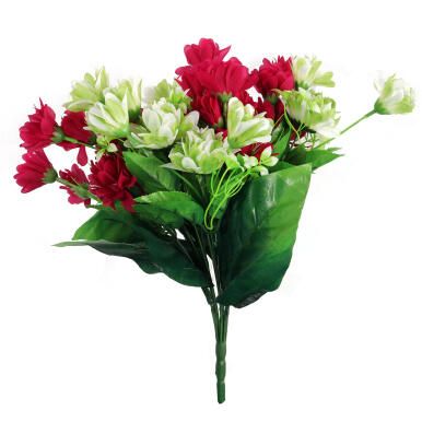 BUKIET 12 DROBNYCH DALII Z DUŻYMI LIŚĆMI 42 CM BORDOWO ZIELONY