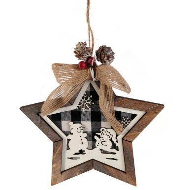 GWIAZDA DREWNIANA 15 CM ZAWIESZKA Z OBRAZKIEM BRĄZOWYM Z BAŁWANAMI