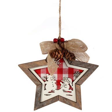 GWIAZDA DREWNIANA 15 CM ZAWIESZKA Z OBRAZKIEM W BAŁWANY CZERWONA