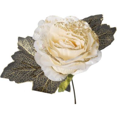 R&oacute;ża satynowa z brokatem sztuczny kwiat  biała