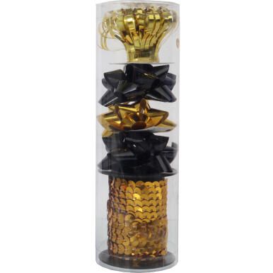 Zestaw do pakowania prezentów: rozetki + wstążka kolor złoto czarny