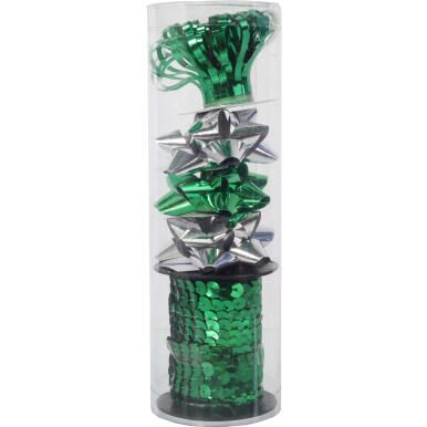 Zestaw do pakowania prezentów: rozetki + wstążka cekinowa kolor zielono  srebrny