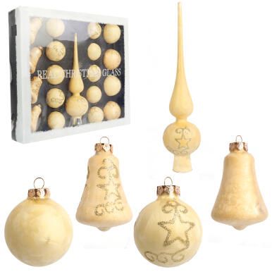 Elegancki Zestaw Świątecznych Bombek Szklanych i Czubka w Kolorze Kremowym - 18 sztuk