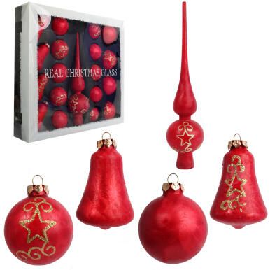 Elegancki Zestaw 18 Czerwonych Bombek Szklanych z Czubkiem do Dekoracji Choinki