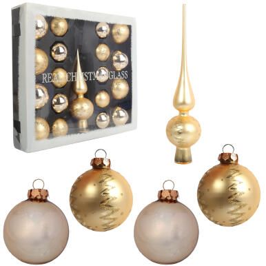 Zestaw 18 bombek szklanych z czubkiem kolor złoty II	