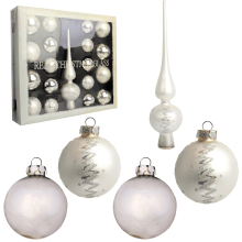 Elegancki zestaw świątecznych ozdób choinkowych - białe szklane bombki z czubkiem (18 szt)