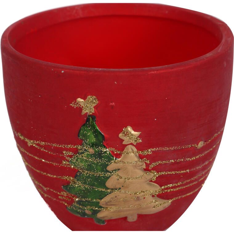 Świąteczna osłonka z ceramiki czerwona 2 choinki 15 cm