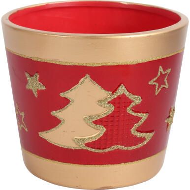 Świąteczna osłonka z ceramiki czerwona 2 choinki 15 cm II