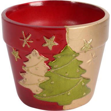 Świąteczna osłonka z ceramiki czerwona 2 choinki 12 cm III