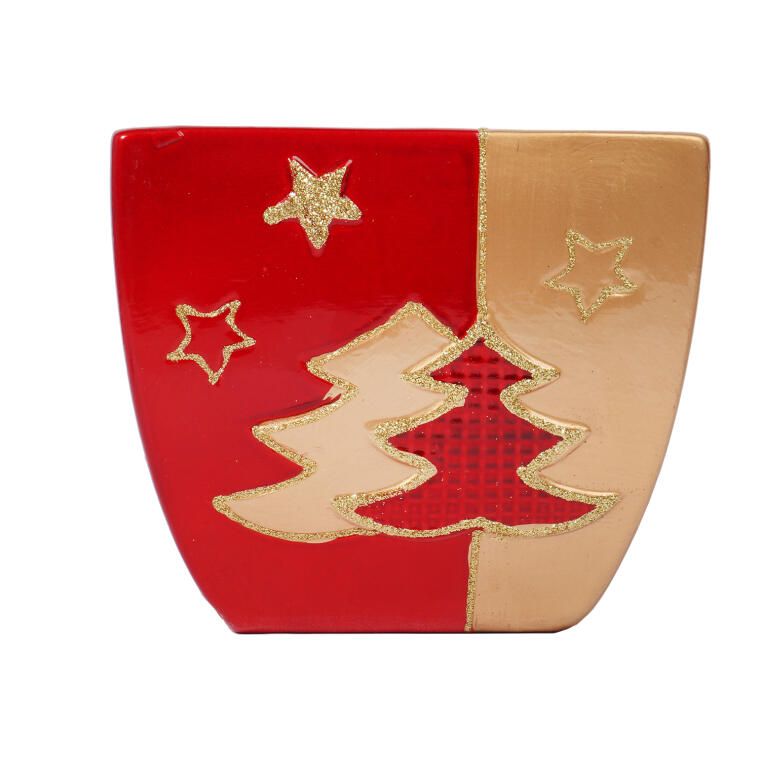 Świąteczna osłonka z ceramiki czerwona 2 choinki 9 cm KWADRAT