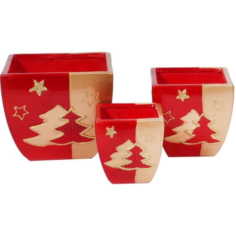 Świąteczna osłonka z ceramiki czerwona 2 choinki 9 cm KWADRAT