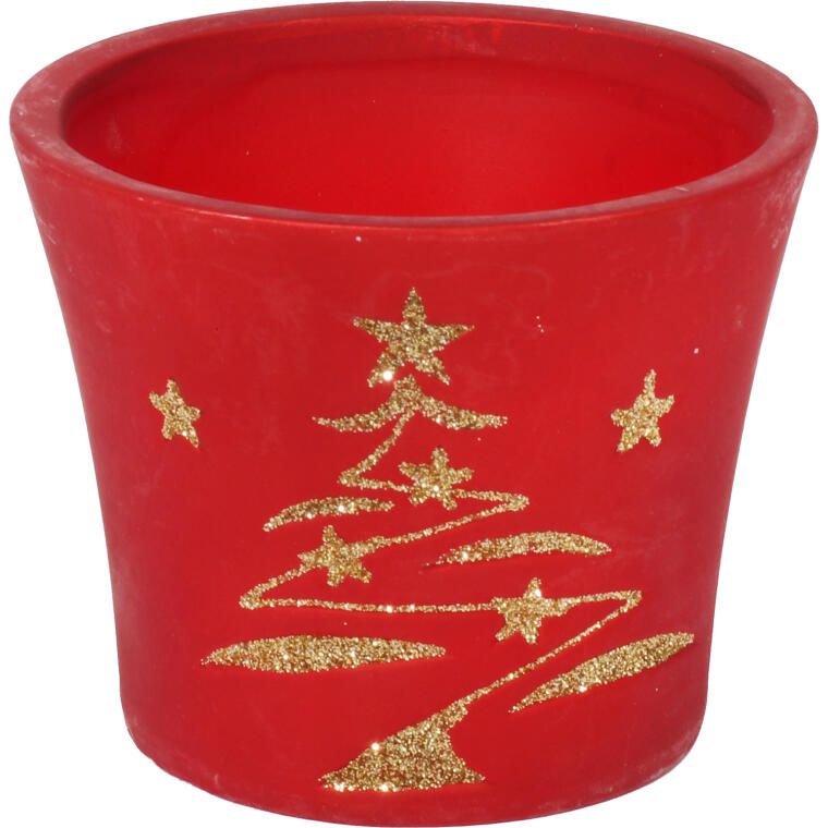 Świąteczna osłonka z ceramiki czerwona z choinką 9 cm IV
