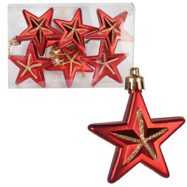 Zestaw 6 Czerwonych Plastikowych Bombek w Kształcie Gwiazd 6 cm