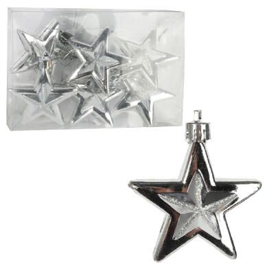 Zestaw 6 Srebrnych Bombek Gwiazdek 6cm - Dekoracje Świąteczne