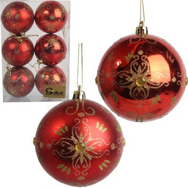 Zestaw 6 bombek plastikowych z dekorem 8 cm kolor czerwony